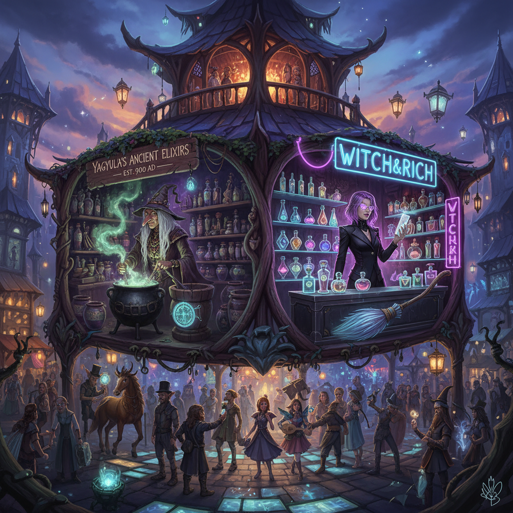 Она отлично передает атмосферу магического сражения традиций и трендов, где мир волшебства и маркетинга столкнулись на одном базаре!