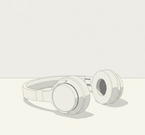 белые беспроводные наушники на столе, вид 3/4, без логотипов