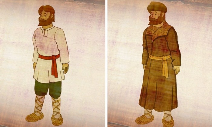 Простые мужики носили льняную рубаху и порты из холстины, а в холода кафтан или зипун.