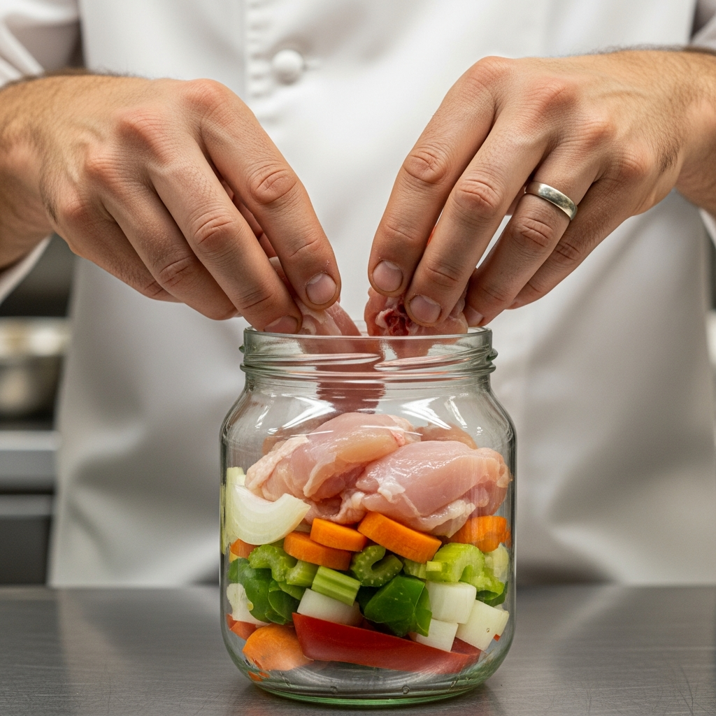 Плотно укладываем слои, оставляя место сверху для кипения сока.