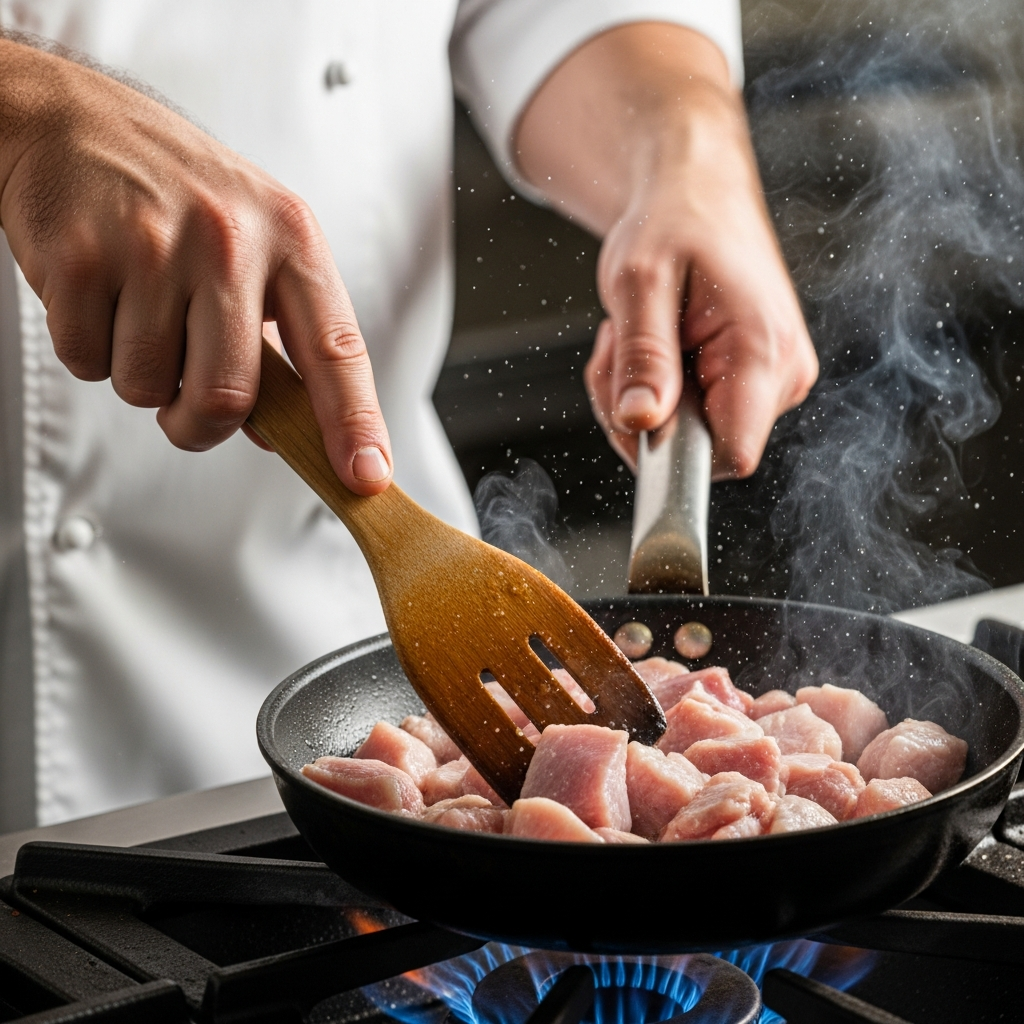 Быстрая обжарка на сильном огне позволяет сохранить влагу внутри мяса.