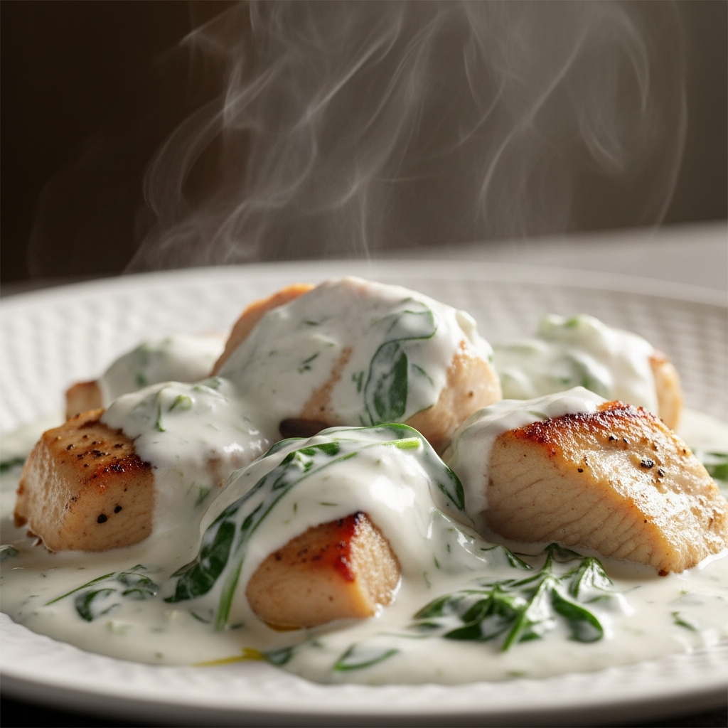 Йогуртовый соус сохраняет текстуру мяса мягкой, а шпинат добавляет витаминной свежести.