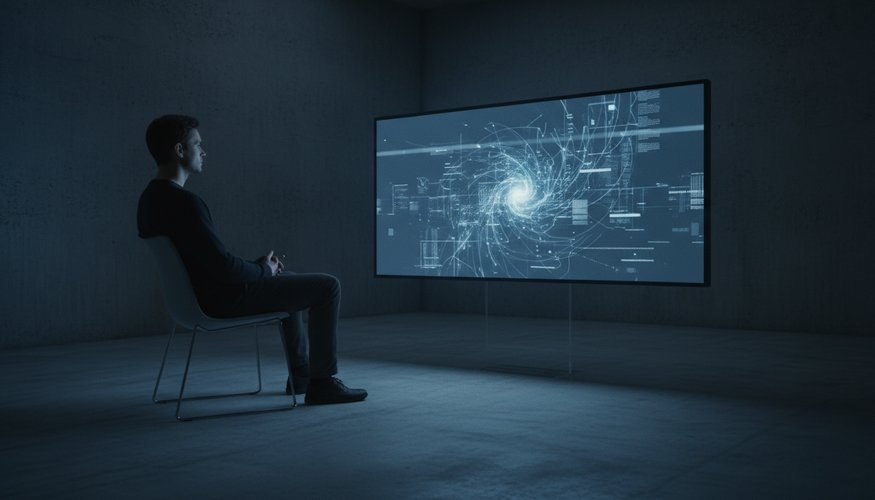 Изображение создано с использованием нейросети Nano Banana и иллюстрирует момент взаимодействия человека с результатами работы ИИ без активного участия.