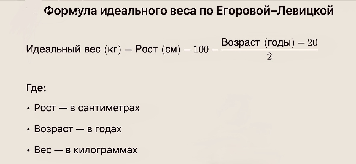 В качестве еще одного примера привожу формулу  Егоровой-Левитской. Ей пользуются для расчета идеального веса.
