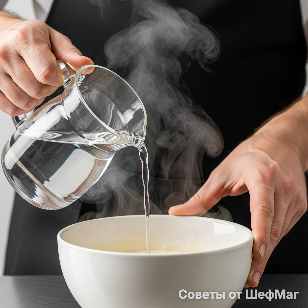 Кипяток нужно вливать быстро, не переставая мешать массу.