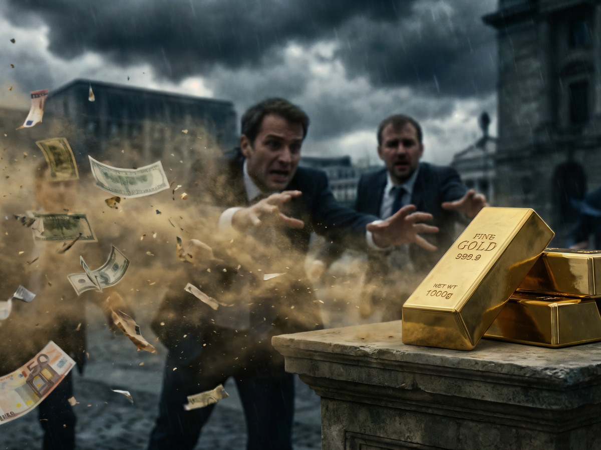    Люди тянутся к золотым слиткам, бумажные деньги разлетаются в разные стороны© РИА Новости . Изображение сгенерировано ИИ