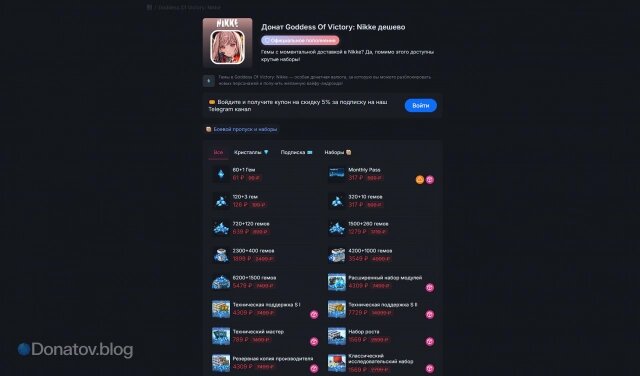    Страница доната в Goddess of Victory: Nikke на Donatov.net