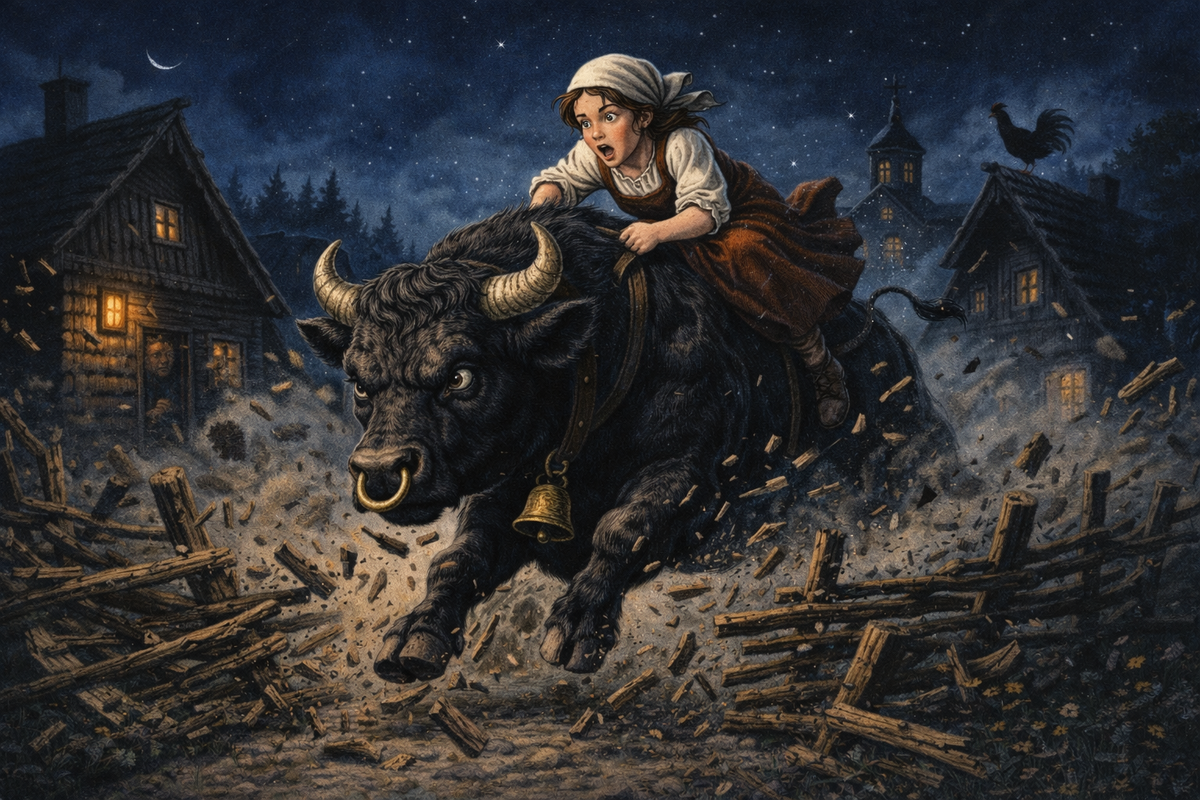 Бык с девушкой на спине, словно живой, покрытый шерстью таран, ворвался на территорию двора.