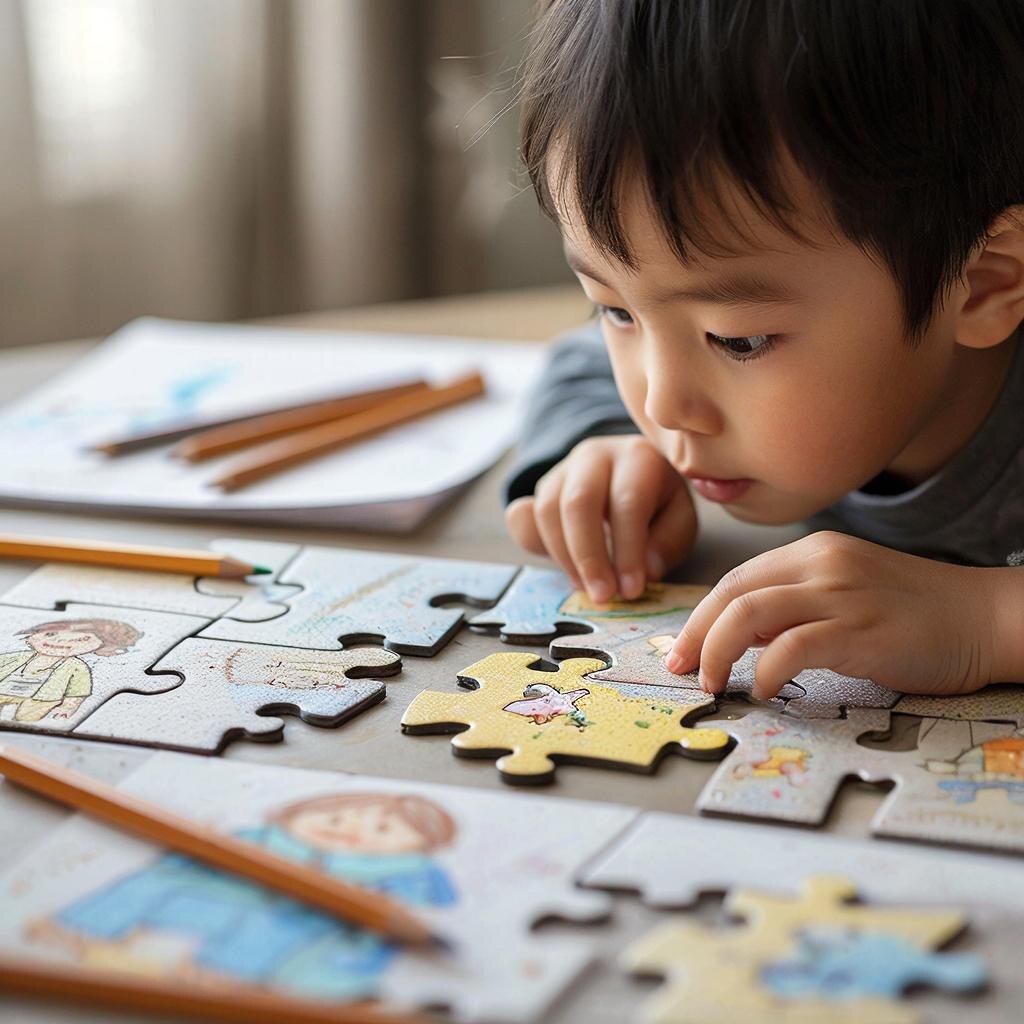 Так нейросеть создала изображение, ребенок собирает пазлы