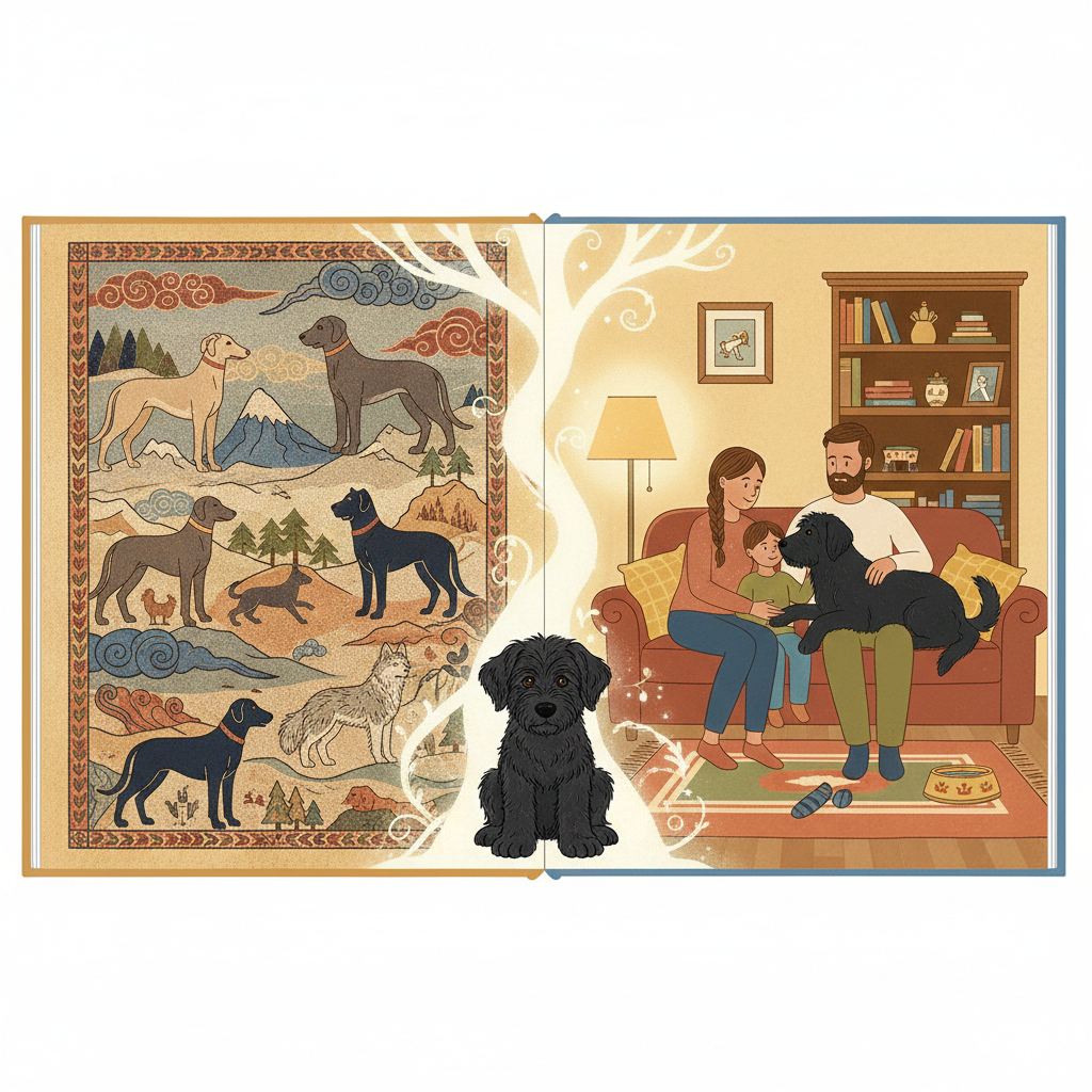 От древних фресок до вашего дивана: одна иллюстрация, которая соединяет тысячелетнюю историю пород с личной историей одной собаки и её семьи. Современная книжная графика