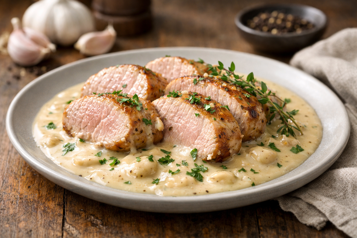 Свиная вырезка в сливочно-чесночном соусе 