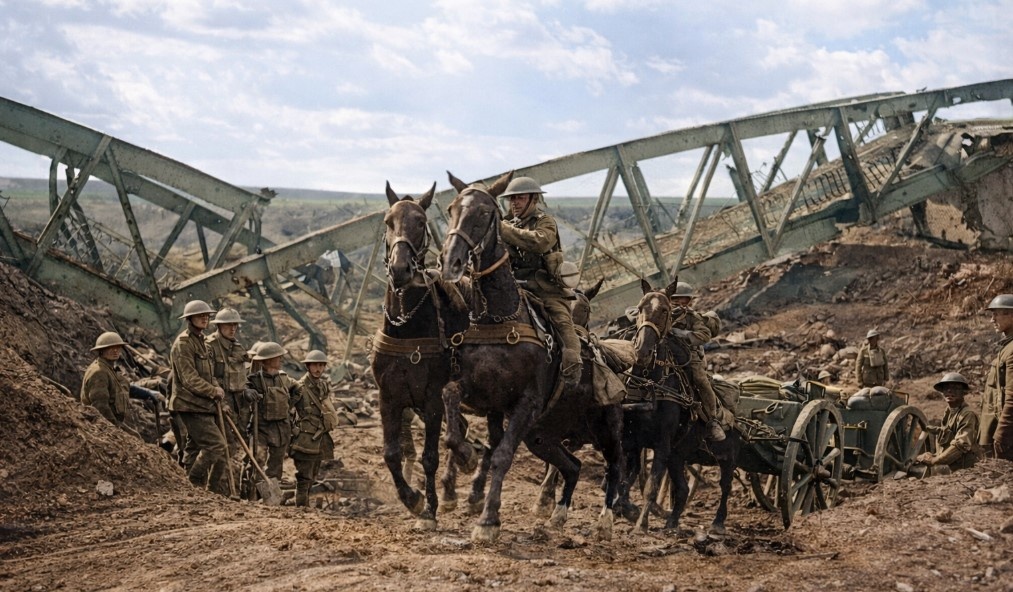 Конная упряжка Королевской полевой артиллерии тянет 18-фунтовое полевое орудие вверх по склону берега Северного канала близ Мёвра, 27 сентября 1918 года