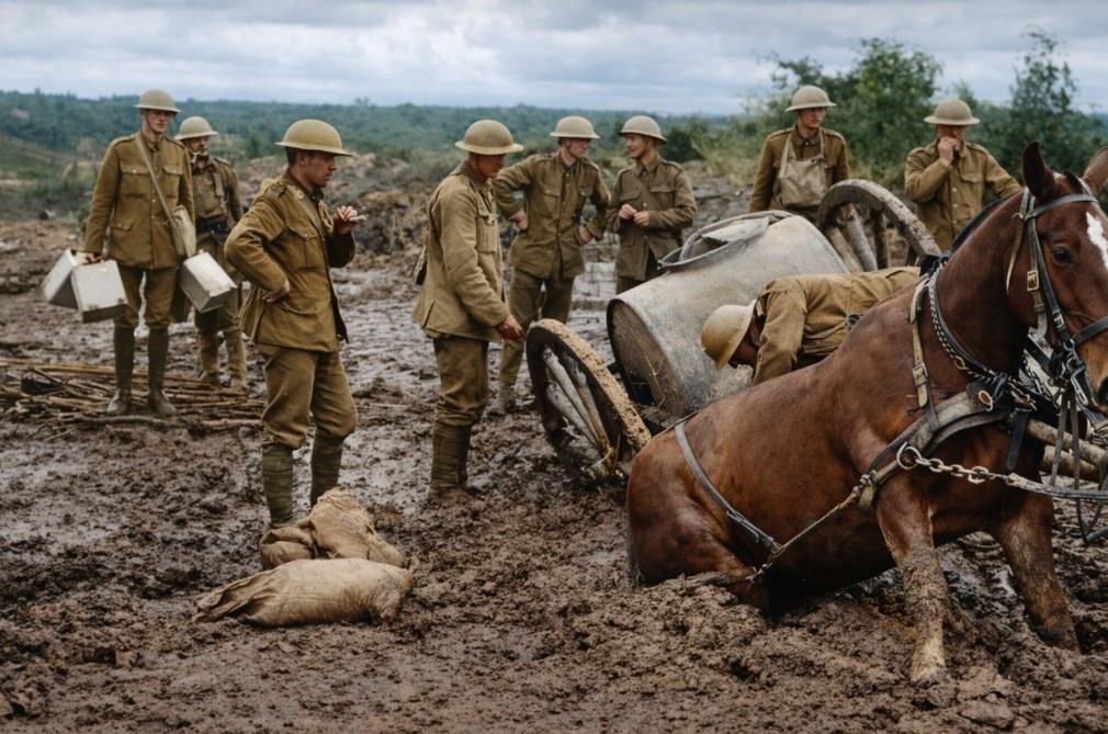 Каждый ящик снарядов проходит последний километр пути на спине и в упряжи живых «двигателей».