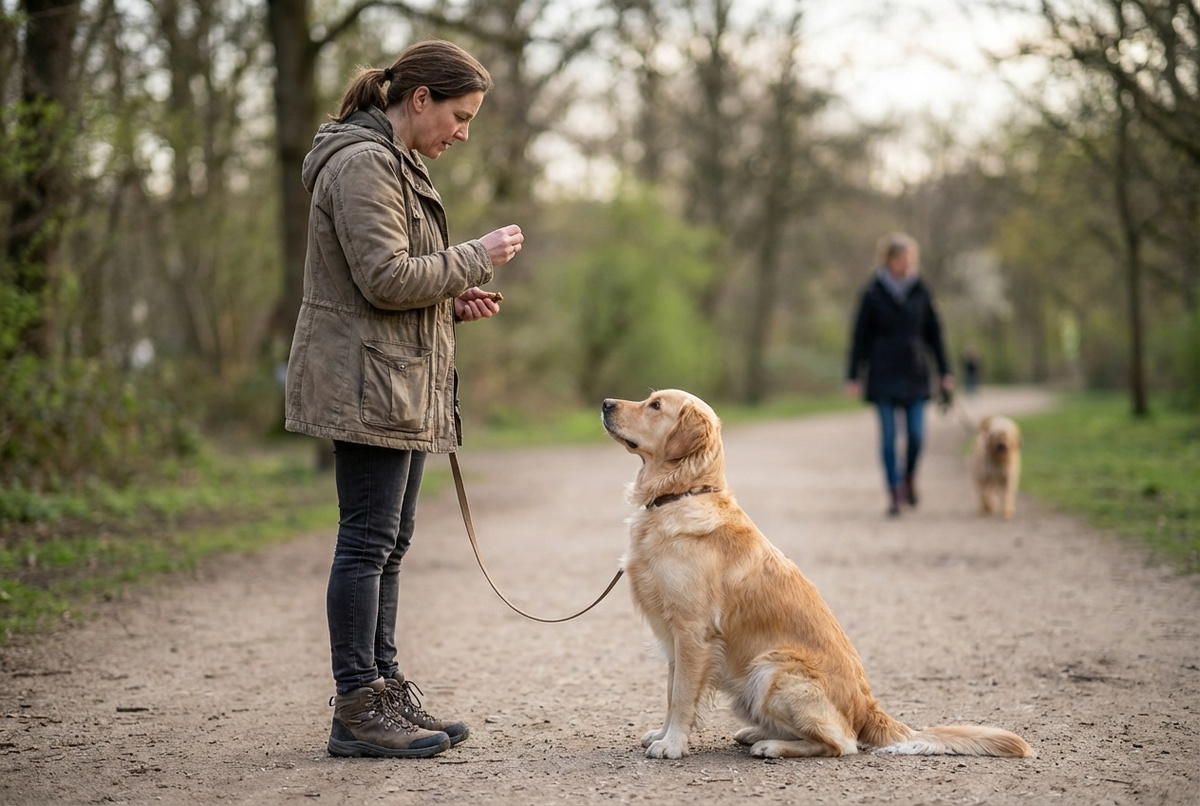 Тренировка внимания на прогулке: собака смотрит на хозяина за поощрение, дистанция от раздражителя