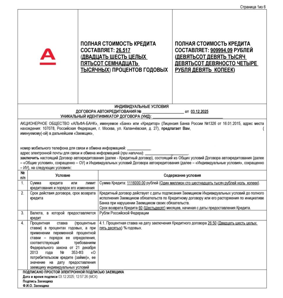 Кредитный договор в АО "Альфа-банк"
