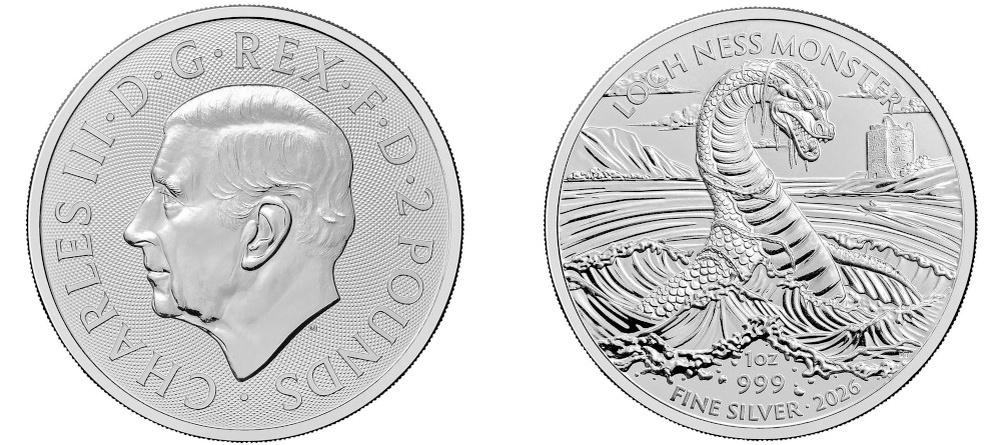    Золотая и серебряная монеты Великобритании 2026 года Лох-несское чудовище замок Уркхарт
