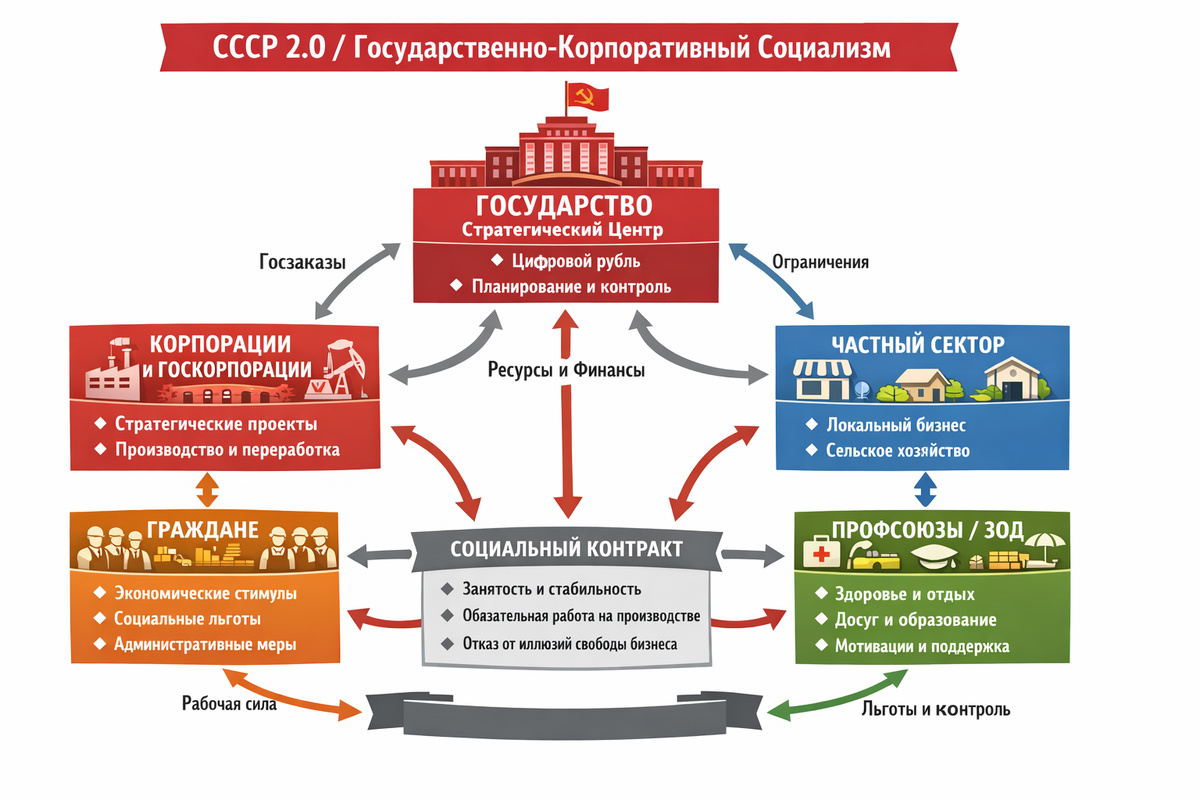 Ключевая идея Государственно-Корпоративного Социализма: сочетание централизованного планирования государства и корпоративной (операционной) структуры экономики которая позволяет максимально эффективно мобилизовать ресурсы. При этом частный сектор подчинён государственным интересам. 