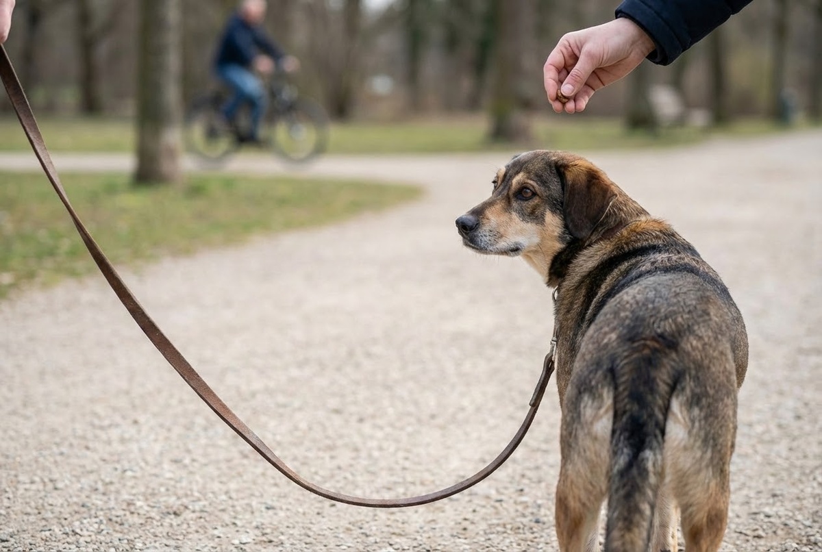 Свободный поводок в форме буквы J: собака оглядывается на хозяина за поощрение