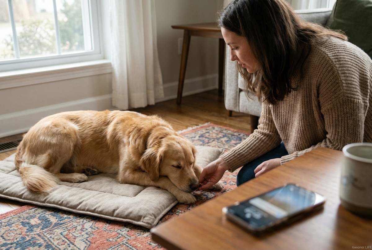 Упражнение на спокойствие дома: собака лежит на коврике, хозяин поощряет тишину