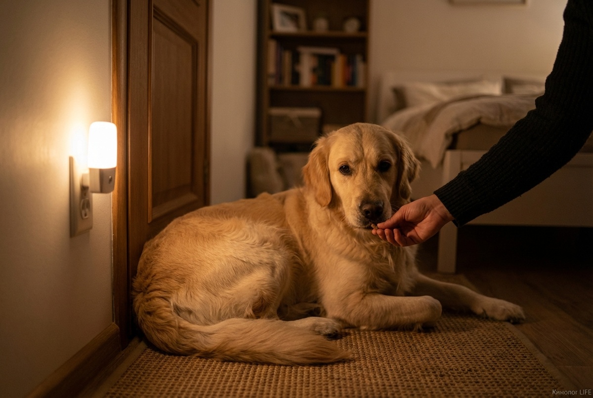 Ночное упражнение на спокойствие: собака лежит на коврике, хозяин поощряет тишину