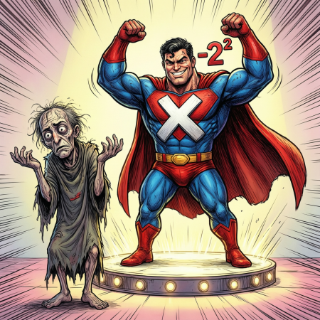 Подозреваемый №1: -x² (Одинокий Страдалец). Его алиби: «Я стою в стороне и жду, когда все дела закончатся. Сначала квадрат, потом я». И он прав! Порядок действий: сначала степень (5²=25), потом минус.