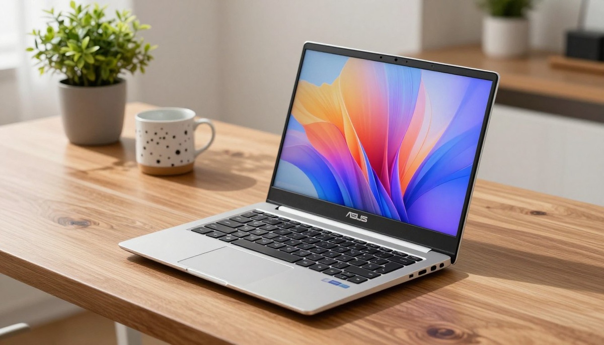 Ноутбук ASUS Vivobook 15 с элегантным дизайном и дисплеем Full HD 1920x1080 расположен на современном деревянном столе. Серебристый корпус ноутбука блестит при мягком естественном освещении, создавая уютное и профессиональное рабочее пространство. На переднем плане ноутбук слегка приоткрыт, открывая клавиатуру и экран с подсветкой и яркими визуальными эффектами. На среднем плане офисная обстановка в минималистском стиле с растениями в горшках и декоративной кружкой создает атмосферу тепла и креативности. Атмосфера создает ощущение продуктивности и инноваций, подчеркивая возможности ноутбука. Угол обзора слегка приподнят, что позволяет подчеркнуть экран и дизайн ноутбука, обеспечивая четкий и профессиональный внешний вид без какого-либо текста или отвлекающих факторов.