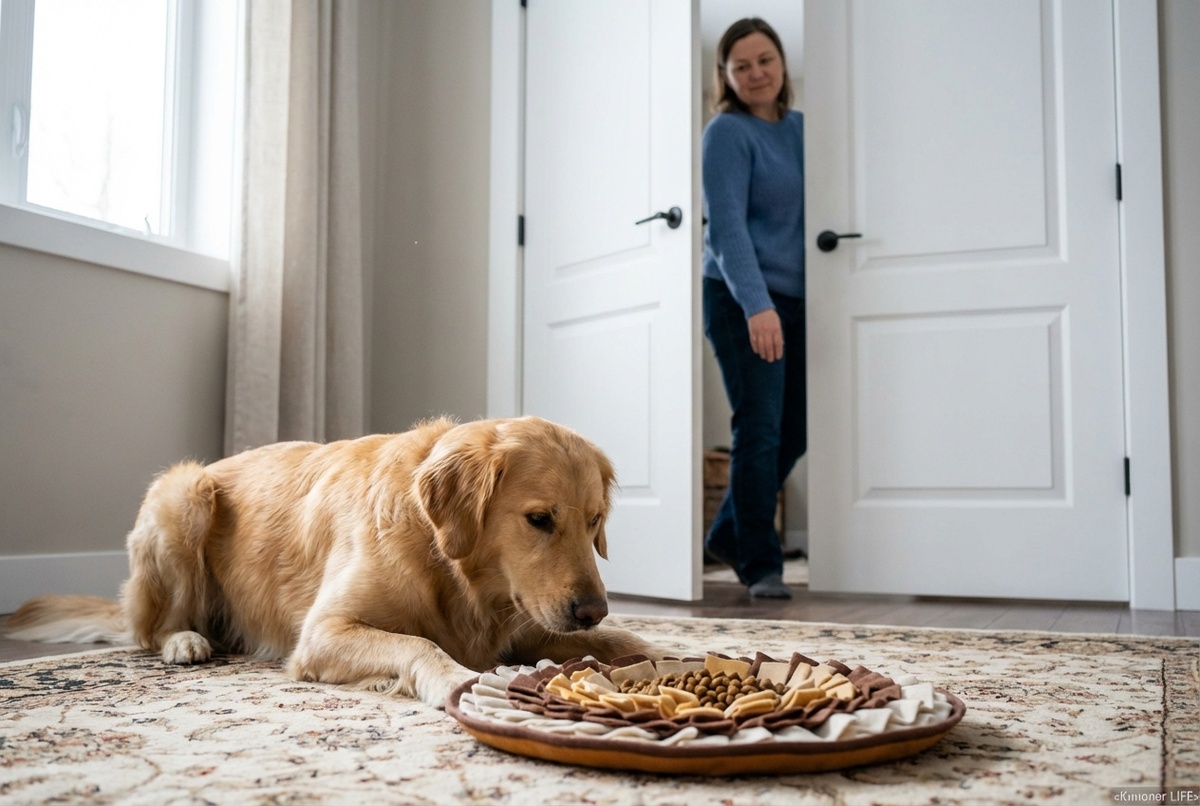 Тренировка одиночества дома: собака спокойно лежит на коврике с нюхательным ковриком, хозяин отходит за дверь