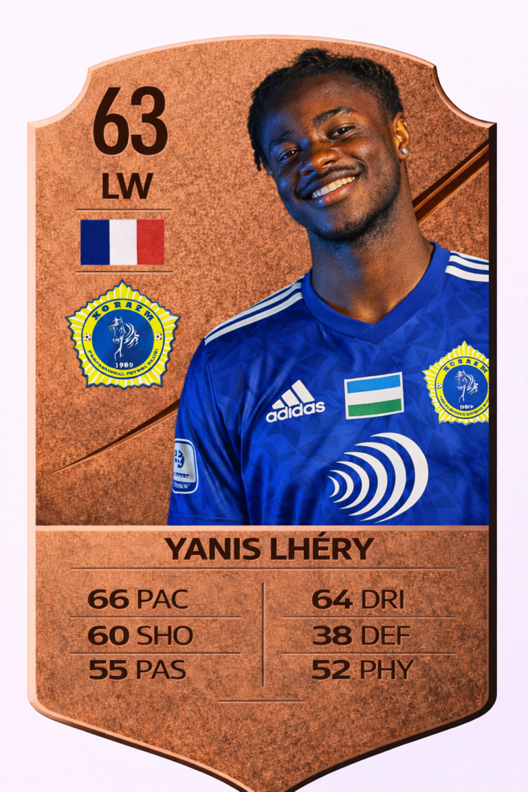 
Игровая карточка Янис Лери Фото футболиста ФК «Хорезм». Карточка сгенерирована нейросетью с учетом объективных данных.