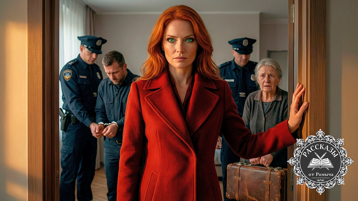 Женщина в красном пальто наблюдает, как полиция задерживает ее мужа и свекровь в их бывшей квартире