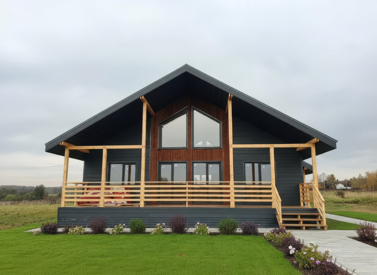 Построенный под ключ компанией Лидер Дач каркасный дом "ВЕНЕЦИЯ" с большой террасой