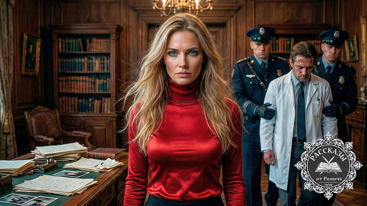 Женщина в красном свитере на фоне задержания врача-мошенника в квартире профессора