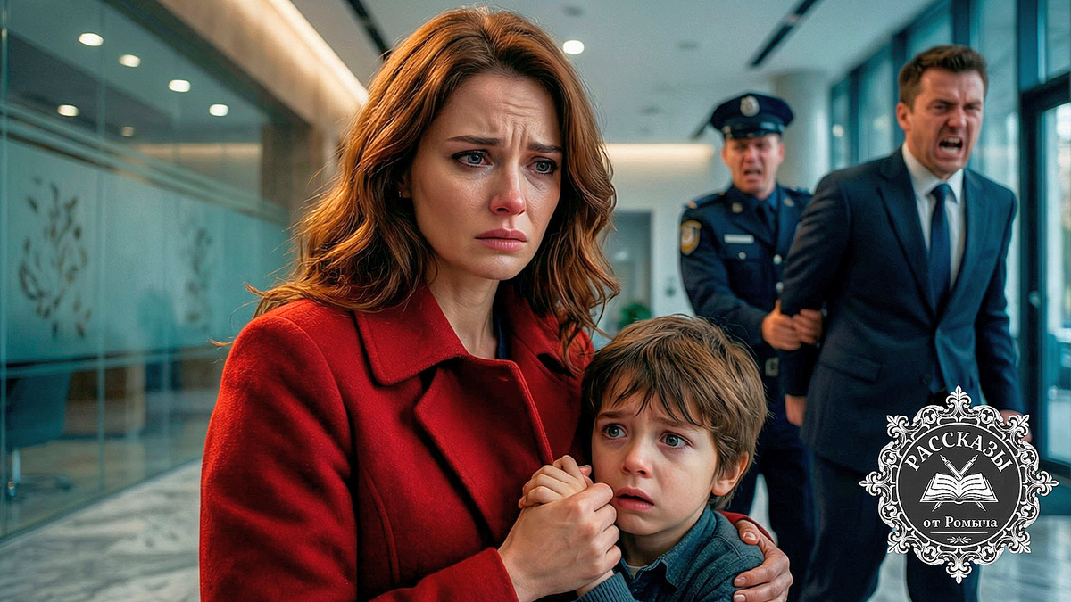 Женщина в красном пальто уводит сына из банка, пока полиция задерживает ее мужа