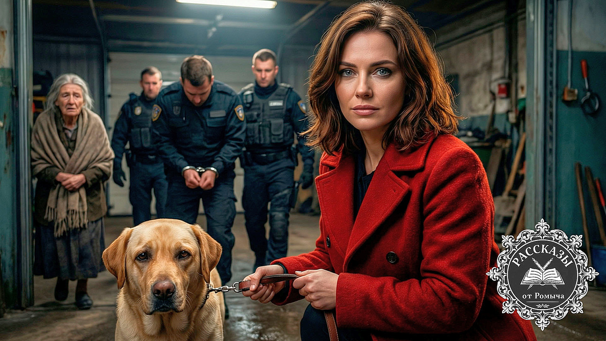 Торжествующая женщина в ярко-красном пальто уводит своего лабрадора из мрачного гаража, пока полиция задерживает ее бывшего мужа и свекровь на фоне служебных машин