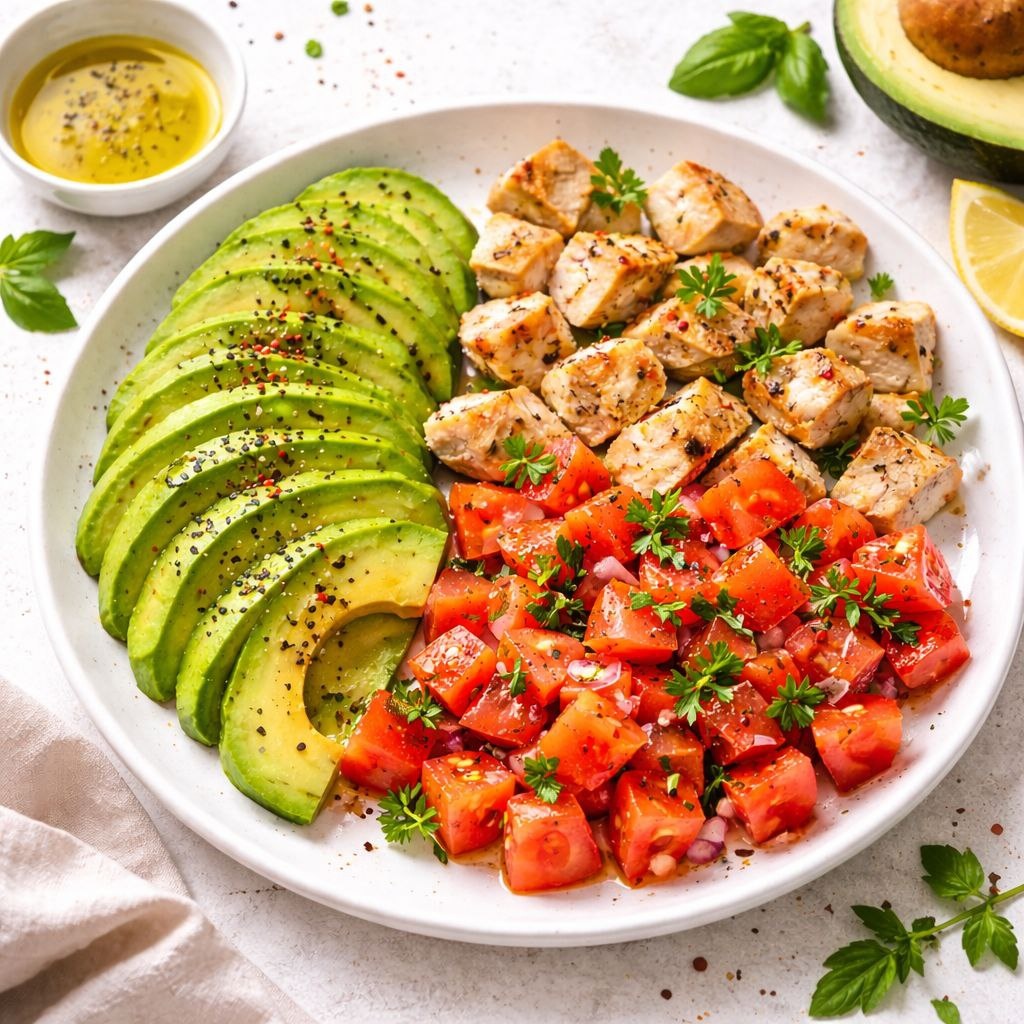 Авокадо с куриным филе и помидорами