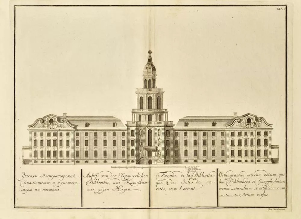 Гравюра с фасадом «Палат Санкт-Петербургской Академии Наук, Библиотеки и Кунсткамеры». В 1725 году его ещё недостроенным передали только что созданной академии. Источник: invaluable.com