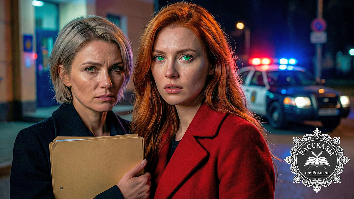 Молодая женщина с рыжими волосами в красном пальто стоит у полицейского участка после разоблачения мужа-мошенника