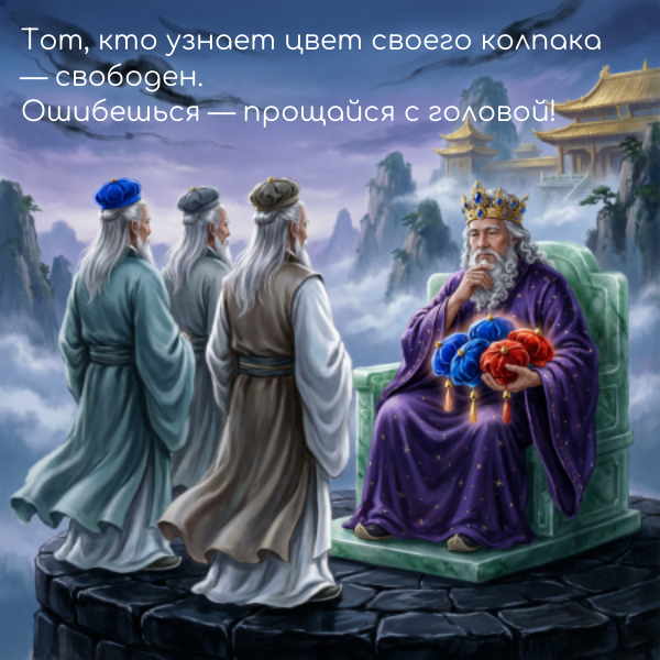 Трое величайших мудрецов попали в ловушку. Их мудрость поставлена на кон. Смогут ли они, не видя своих колпаков, использовать чистую логику для спасения? Включайте свою!