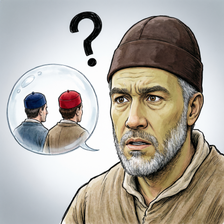 Позиция 1: «Я вижу всё, но не вижу себя». Мудрец в конце ряда видит колпаки двух товарищей. Но этого недостаточно, чтобы сделать однозначный вывод. Нужна ещё одна деталь... их молчание!