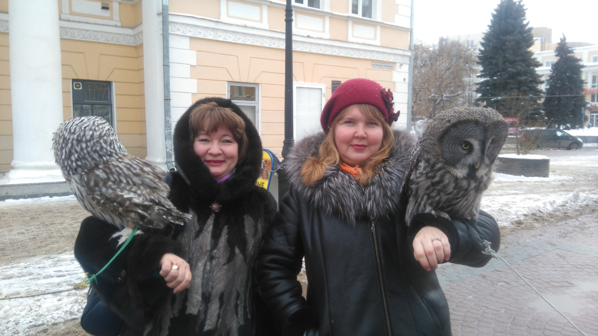С подругой и прекрасными совами на главной улице нашего города.