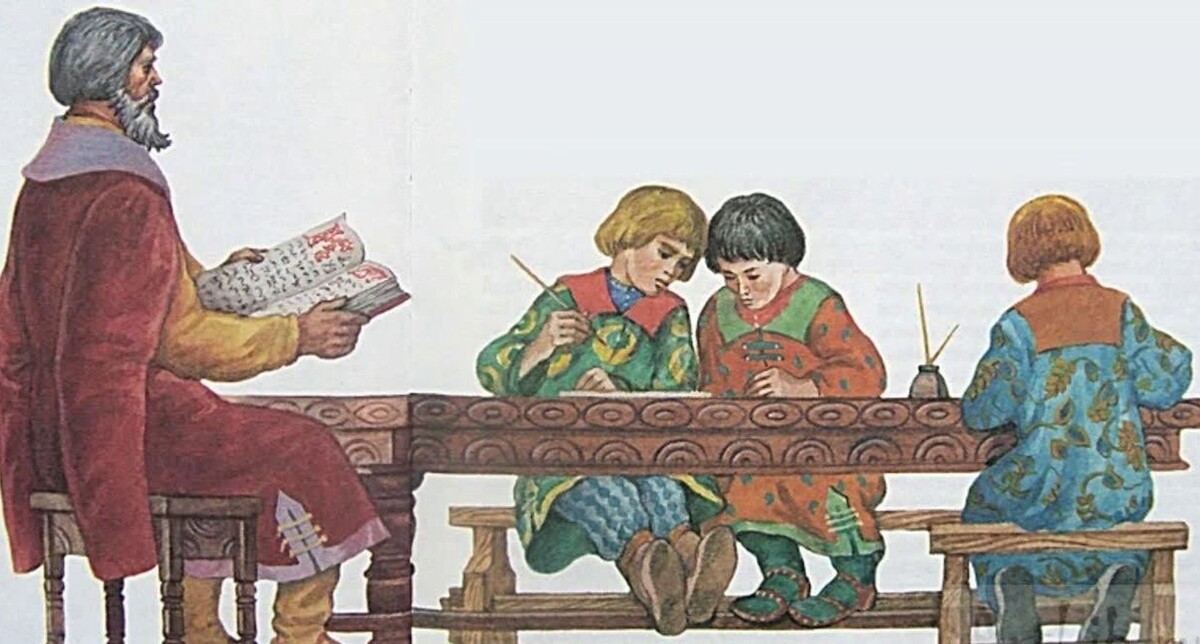 Боярин-пестун занимается с княжичами.