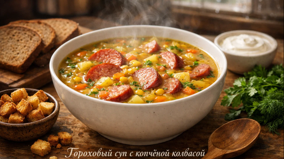 Попробуйте добавить в гороховый суп копчёную колбасу вместо рёбрышек — вкус не хуже, а готовится быстрее