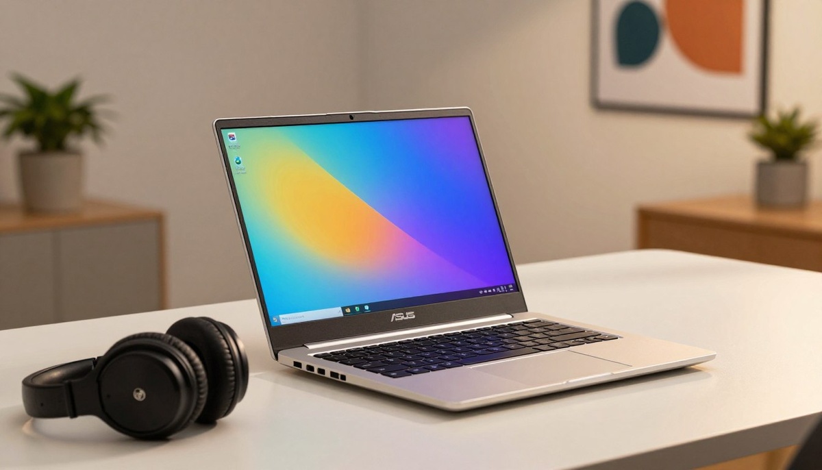 Элегантный ноутбук ASUS Vivobook Go 15E1504GA-BQ550, занимающий видное место на современном чистом столе. Ноутбук оснащен 15,6-дюймовым дисплеем Full HD, демонстрирующим яркие цвета и четкие детали, при этом экран слегка развернут под углом 45 градусов. На переднем плане рядом с ноутбуком расположена пара профессиональных наушников, что создает впечатление технологичной обстановки. Фон включает в себя элементы с мягким фокусом, такие как стильное растение в горшке и настенный плакат с абстрактными рисунками, которые создают современную, но привлекательную атмосферу. Теплое и естественное освещение подчеркивает элегантный дизайн ноутбука. Такой угол обзора идеально отражает дизайн ноутбука, создавая ощущение новаторства и профессионализма, что идеально подходит для любителей высоких технологий.