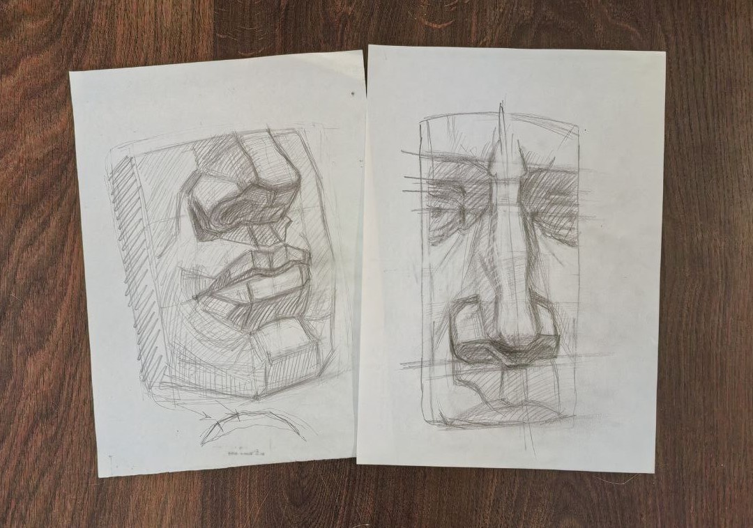 Ищем образующие форму плоскости прямыми линиями. Отделяем свет от тени.