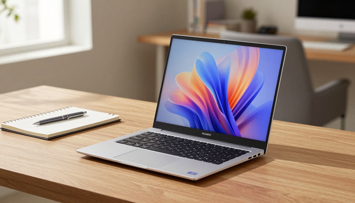Изящный ноутбук HUAWEI MateBook D16 с элегантной металлической отделкой занимает видное место на современном деревянном столе. Ноутбук открыт под небольшим углом, открывая 16-дюймовый IPS-дисплей с четким разрешением 1920х1200 пикселей, яркими цветами и тонкими рамками. Блокнот в минималистичном стиле и стильная ручка, расположенные рядом, создают профессиональную атмосферу. Мягкий, рассеянный естественный свет проникает через соседнее окно, отбрасывая мягкие тени и усиливая общую теплоту сцены. На заднем плане изображена размытая обстановка домашнего офиса с чистой эстетикой, вызывающая ощущение сосредоточенности и продуктивности. Дизайн должен быть привлекательным и современным, отражающим инновации и производительность HUAWEI MateBook D16. Убедитесь, что на экране не видно текста или фирменного знака.