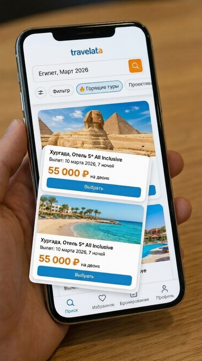 Мобильный экран с поиском горящих туров в Египет март 2026 на Travelata — цена 55 000 ₽ на двоих