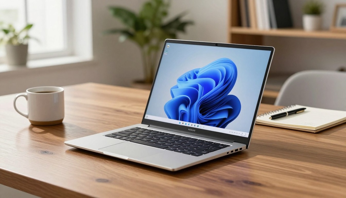 Элегантный ноутбук HONOR Magic Book X14 2025 занимает видное место на полированном деревянном столе, демонстрируя современный дизайн с серебристой отделкой и минималистскую эстетику. На переднем плане ноутбук открыт, демонстрируя яркий и четкий экран, а клавиатура блестит при мягком окружающем освещении. На среднем плане расположены стильная кофейная кружка и блокнот с ручкой, что придает рабочему пространству элегантность. Фон слегка размыт на фоне современной офисной обстановки, включая растения и книжную полку в стиле минимализма. Сцена освещена естественным светом, проникающим через окно, что создает теплую и располагающую атмосферу. Основное внимание уделяется ноутбукам, создающим ощущение профессионализма и инноваций, которые идеально подходят для технически подкованной аудитории.