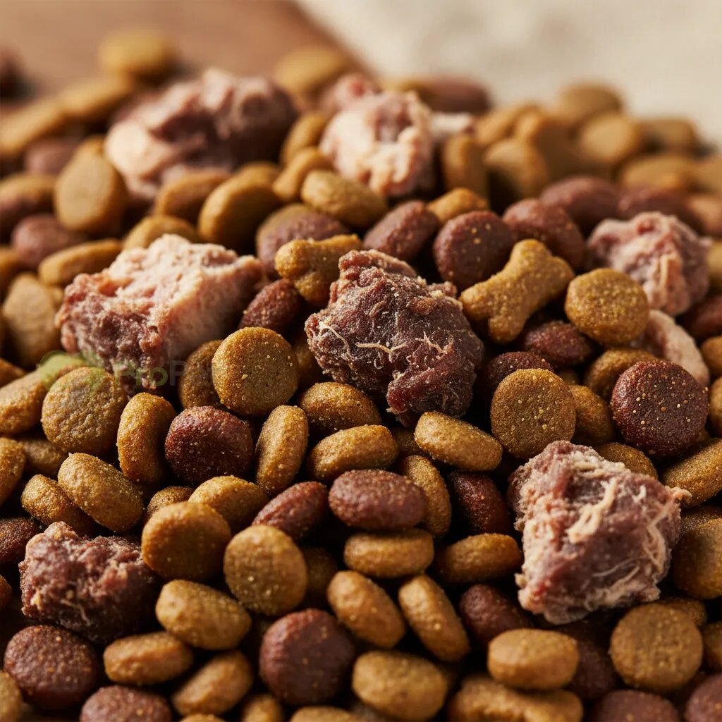 Крупный план гранул сухого корма с кусочками мяса