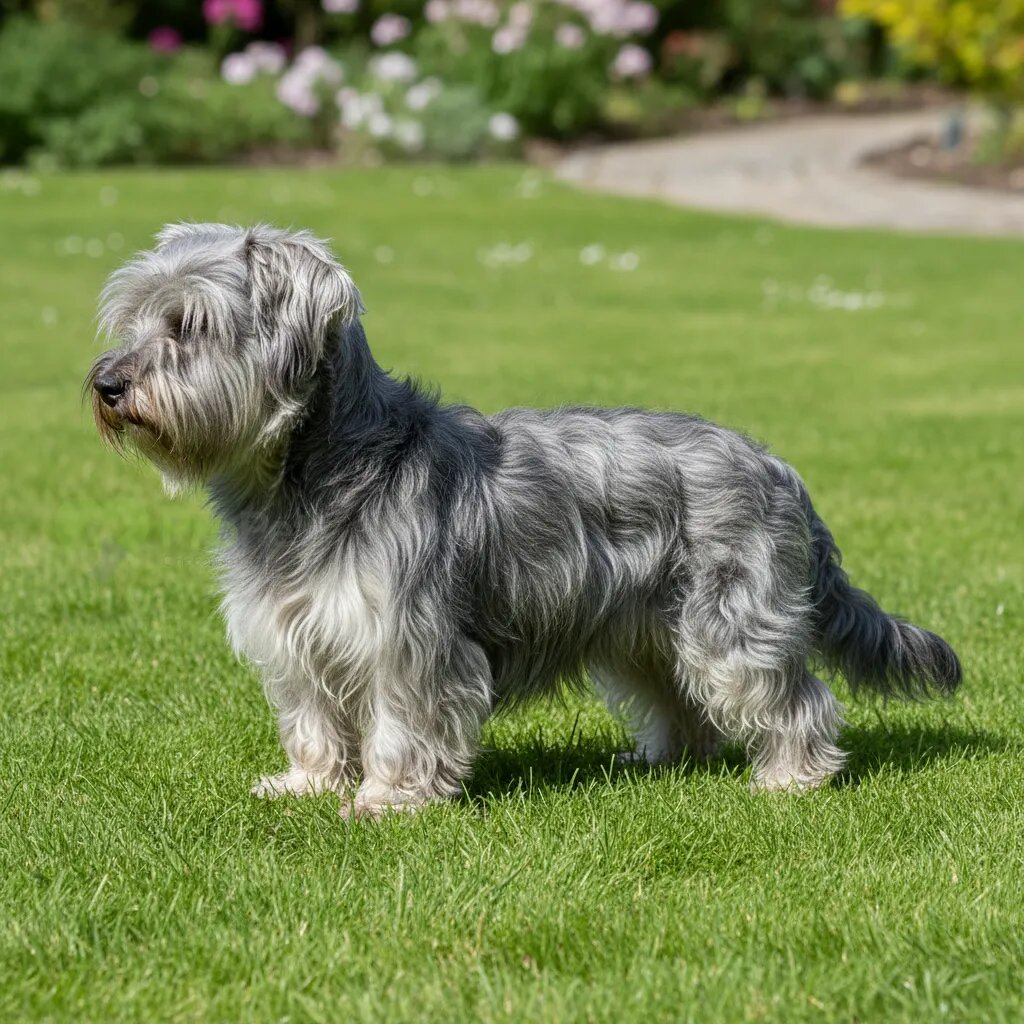 Скай-терьер стоит в профиль на зеленой траве