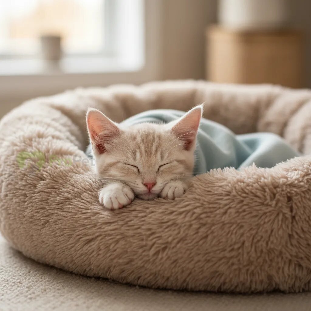 Спокойный котенок спит в уютной лежанке.