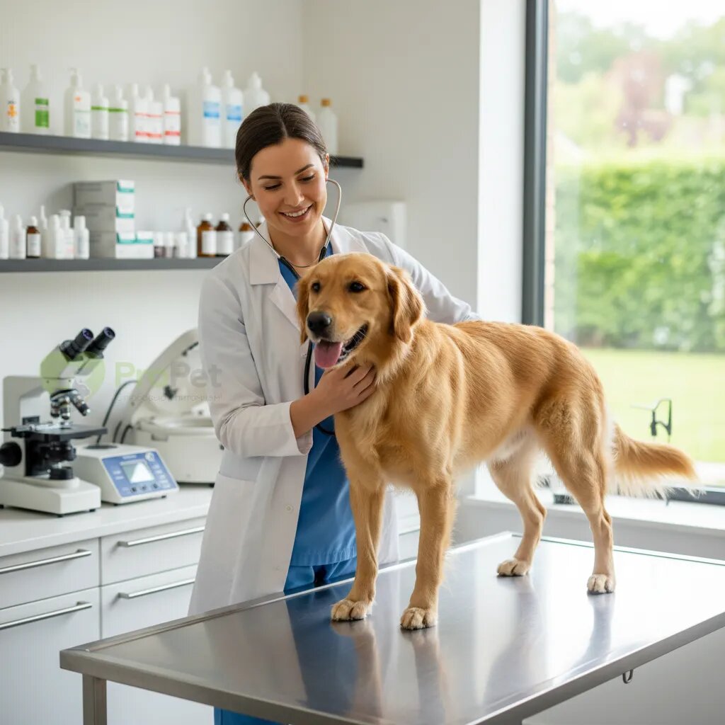 Ветеринар осматривает собаку на металлическом столе